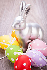 Image showing Easter still life with a silver bunny and eggs