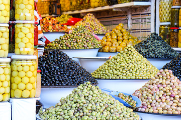 Image showing Olives and pickles on display at a farmers market