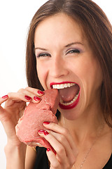 Image showing Rachel Parker Beautiful Woman eats RAW Red Steak Meat Food Lover