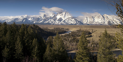 Image showing Snake River Cloud Cover Jagged Peaks Grand Teton Wyoming Panoram