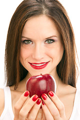 Image showing Apple Raw Food Fruit Offering From Beautiful Manicured Brunette 