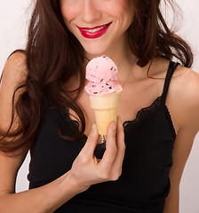 Image showing Woman About to Strawberry Eat Ice Cream Cone