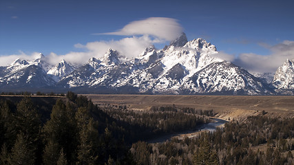 Image showing Cloudy Day Snake River Jagged Peaks Grand Teton Wyoming