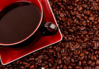 Image showing Java in Cup and Saucer Sitting in Coffee Beans