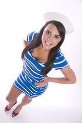 Image showing Pretty Brunette Woman Smiles Sporting Her Sailor's Cap