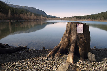 Image showing Tree Stump No Parking Sign Rattlesnake Lake North Cascade Mounta