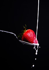 Image showing Raw Food Fruit Strawberry Milk Splash on Spoon