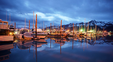 Image showing Seward Marina and Boats in the Middle of the Night Smooth Water
