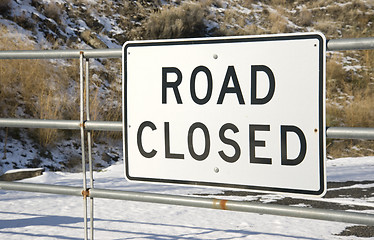 Image showing Road Closed Sign Rural Setting in Fresh Snow