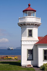 Image showing West Coast Lighthouse & Ferry Arriving Puget Sound Washington St