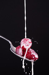 Image showing Food Fruit Raspberries Have Milk Drop on Them While Sitting in S