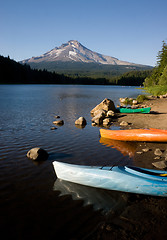 Image showing Boats Near Mountain Trillium Lake America Stock Photo