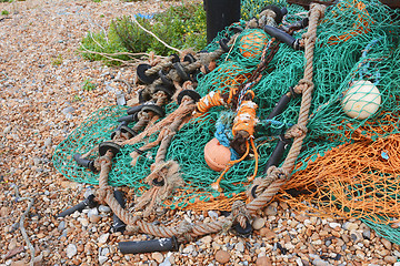 Image showing Green and orange fishing nets