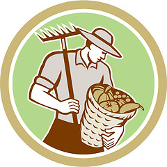 Image showing Organic Farmer Holding Rake Harvest Basket Retro