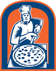 Image showing Pizza Maker Holding Pizza Peel Shield Woodcut