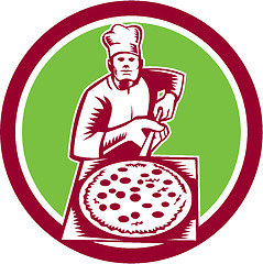 Image showing Pizza Maker Holding Pizza Peel Circle Woodcut