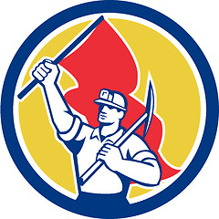 Image showing Coal Miner Hardhat Holding Axe and Flag Retro