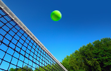 Image showing Tennis ball on net´s edge