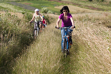 Image showing Family riding a bicycles in the meadow