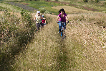 Image showing Family riding a bicycles in the meadow