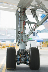 Image showing Rear landing gear of wide-body airplane