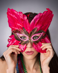 Image showing Attractive Brunette Woman Gypsy Costume Feathered Face Mask Fash