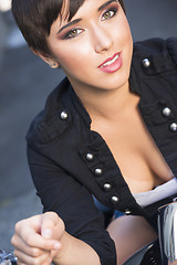 Image showing Intimate Portrait Young Glowing Woman Sitting on Motorcycle in A