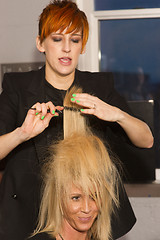 Image showing Stylist Combs Out Hair Model During Artwalk Event Salon Tacoma