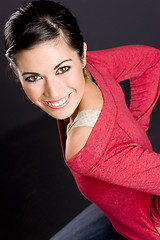 Image showing Pretty Woman In Lace and Red Sweater On A Stool