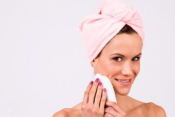 Image showing Smiling Attractive Female Model Bare Skin Shower Towel Drying