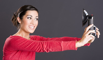 Image showing Self Portrait Attractive Excited Woman Takes Selfie Picture Port