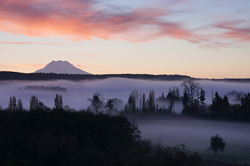 Image showing Fog Fills Nisqually Valley Before Sunrise Morning Light Mount Ra