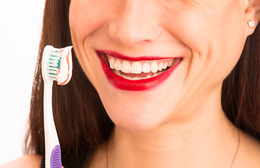 Image showing Attractive Woman Wonderful Smile Adult Female Brushing Teeth Too