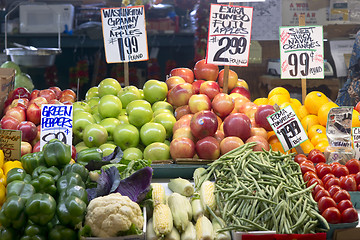 Image showing Apples Beans Corn Oranges Peppers Food Displayed at Farmers Mark