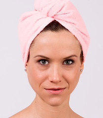 Image showing Smiling Attractive Female Model Bare Skin Shower Hair Towel