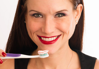 Image showing Attractive Woman Wonderful Smile Adult Female Brushing Teeth Too