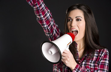 Image showing Female Salesperson Hawker Announcer yells into Megaphone