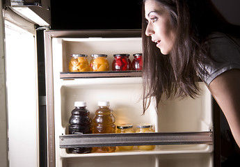 Image showing Woman Doing a Fridge Raid at Midnight Open Refrigerator