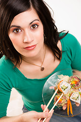 Image showing Candid Close Portrait Cute Brunette Woman Raw Food Sushi Lunch