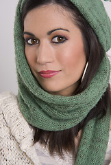 Image showing Woven Green Scarf Wrap Around Beautiful Woman