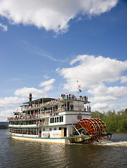 Image showing Sternwheeler Riverboat Paddle Steamer Vessel Moves Tourists Down