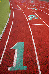 Image showing Stadium Running Track Lane Markers Sports Field Number Markings