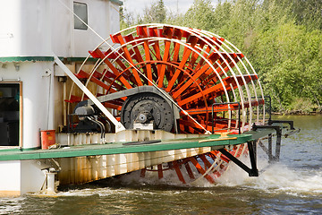 Image showing Sternwheeler Churning Moves Riverboat Paddle Steamer Vessel Down