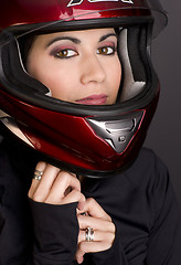 Image showing Protected Woman With Beautiful Eyes Under Helmet