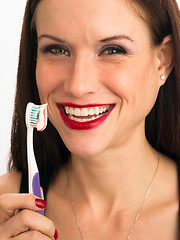 Image showing Attractive Woman Wonderful Smile Adult Female Brushing Teeth Too