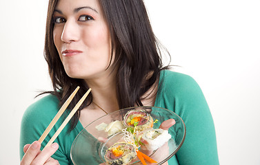 Image showing Woman Smiling with Sushi Lunch Healthy Seafood Snack