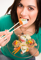 Image showing Candid Close Portrait Cute Brunette Woman Raw Food Sushi Lunch