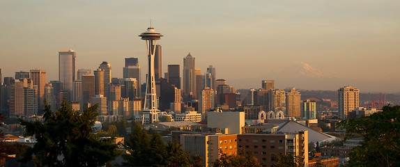 Image showing Seattle Washington Skyline Panoramic Urban Sunset Mountain Mt Ra