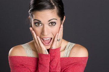 Image showing Surprised Brunette Woman Looks at Camera Red Sweater