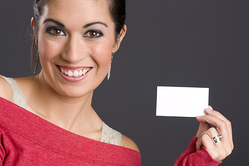 Image showing Pretty Woman Holding a Business Card